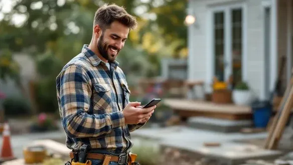 Contractor viewing 5-star reviews on smartphone at completed construction project