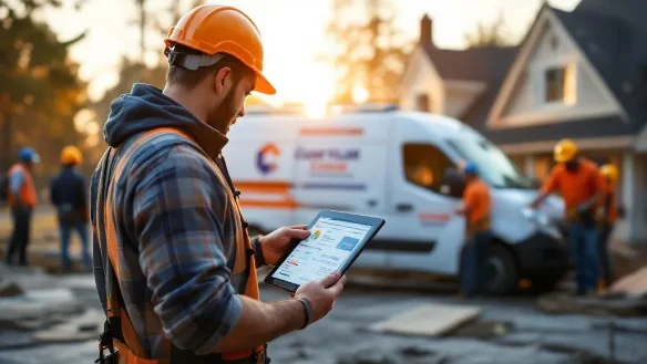 Professional contractor crew working at residential job site with branded work truck