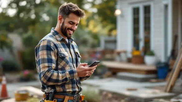 Contractor viewing 5-star reviews on smartphone at completed construction project